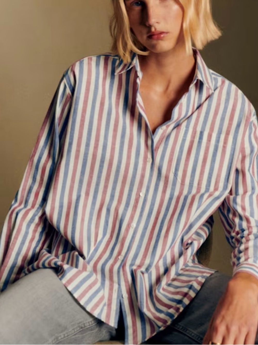 Sezane Max shirt in ecru burgundy blue stripes